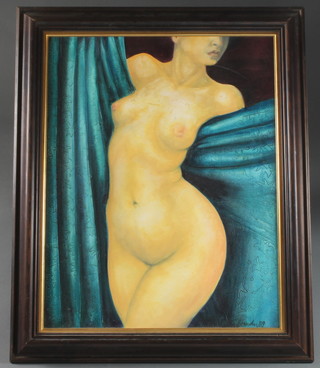 Kitty Blandy, 20th Century British School, oil on canvas "Nude with Blue Drapes" study of a nude female torso, signed and dated  '89, 27.5"h x 21.5"w