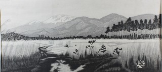 Gihadino Okigama, an early 20th Century Japanese School wood block print, study of a mountainous forest, signed in pencil to  margins 8"h x 17"w