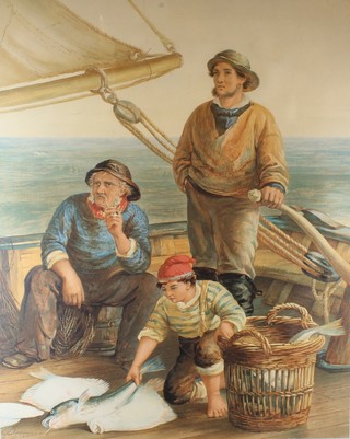 James Drummond, British 1816-1877, watercolour on paper,  study of fisherman aboard their boat, signed, 23"h x 18.25"w