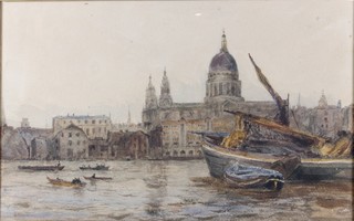 19th Century British School, watercolour on paper, a Thames  scene with St Pauls and sailing barges in the foreground,  unsigned 9.5"h x 15"w