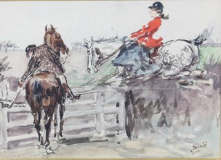 Albert Ludovici, Italian 1852-1932 watercolour on paper, study  of horses clearing a gate, signed, 6"h x 9"w