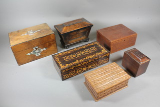 An early Victorian walnut sarcophagus tea caddy 6.5"h x 9"w x 5.5"d, a Victorian walnut work box and sundry boxes