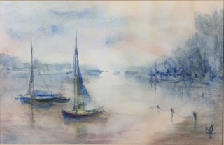 Julie Reddall-Morris, 20th Century British School, watercolour  on paper, impressionist riverscape, sailing dinghies in  foreground, monogrammed 7"h x 11"w