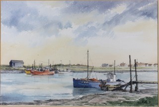 Judy Mattin, 20th Century British School, watercolour on paper "Morning Light at Walberswick", fishing boats moored in a  natural harbour, signed and dated '91 8.5"h x 12.5"w