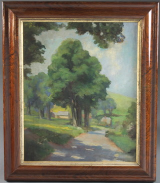 A mid 20th Century British School, oil on fibre board, a rural farmstead with trees in foreground, unsigned 21"h x 17"w