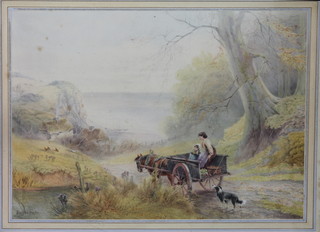 Bernard Foster, a late 19th/early 20th Century British School, watercolour on paper study of mother and child with horse and  trap descending to a coastal village signed, 10"h x 13.75"w   ILLUSTRATED