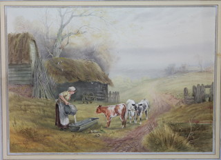 Bernard Foster, a late 19th/early 20th Century British School, watercolour on paper, study of a rural farmstead with figure in  foreground feeding calves, signed 10"h x 13.75w   ILLUSTRATED
