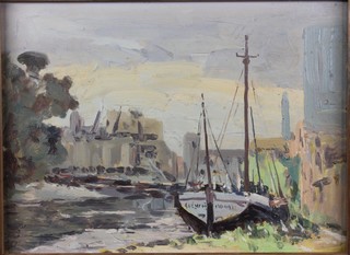 H Boycott-Brown?, 20th Century British School, acrylic on fibre board "The Thames at Brent", an impressionist river scape with sailing barge in foreground, unsigned 8"h x 10.5"w