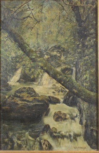W H Mander, early 20th Century School, oil on canvas "Near  Swallow Falls" a woodland river scene, signed, 11.5"h x 7.5"w