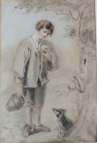 An early 20th Century charcoal and pastel study of a young boy with his dog amongst a woodland setting, unsigned 15"h x 10"w