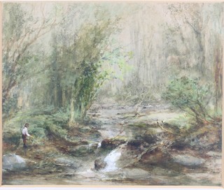 Frederick Thomas Sims, early 20th Century British School, watercolour on paper, study of a rural figure amongst a wooded  landscape and stream, signed to verso, 8.75"h x 10.5"w