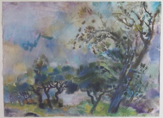 Rainer Stuchlik, Yugoslavian 1929-2006, "Baume Im Wind", watercolour on paper, impressionist study of trees in wind,  signed 22"h x 29.5"w