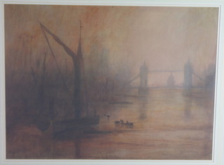 After Ken Hildrew, a coloured oleographic print, Thames scene,  in the manner of J M W Turner, 21.5"h x 29"w