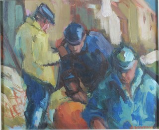 Val Pownall?, 20th Century British School, oil on wooden panel "Sorting The Catch", a figural study of fisherman, signed,  9.25"h x 11.25"w