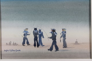 Sybil Mullen Glover, RI. RWA, RSMA, 20th Century British  School, watercolour on paper "Sailors Ashore", study of young  sailors on a beach, signed 6"h x 9"w