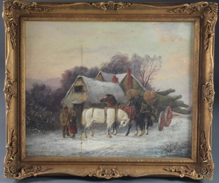 H C Woollatt, oil on canvas, early 20th Century British School, a  pastoral landscape of heavy horses moving timber in front of  farmstead with figures in foreground, signed 19"h x 23.5"w