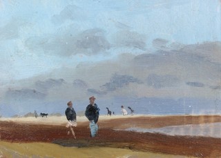 Rosemary Allan, 20th Century British School, oil on fibre panel, walking in the wind, figures on a beach, unsigned, 6"h x 8"w