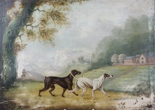 After Reinagle, 19th Century European School, oil on chamfered wooden panel, study of sporting dogs amongst a romanticised landscape, unsigned and unframed 10.25"h x 14"w