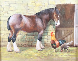 Keith Tovey, 20th Century British School, oil on panel, study of a shire horse at its stable with cockerel and chicken in  foreground, signed, 7.25"h x 9.25"w together with companion  piece