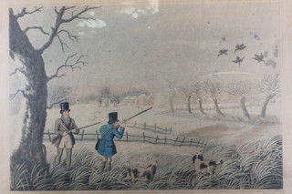 After R Havell Jnr. a set of 4 coloured prints, sporting scenes, titles include "Partridge Shooting Near Windsor", "Pheasant  Shooting Black Park", "Wild Duck Shooting Near Cowley" and  "Snipe Shooting" 8.5"h x 12"w