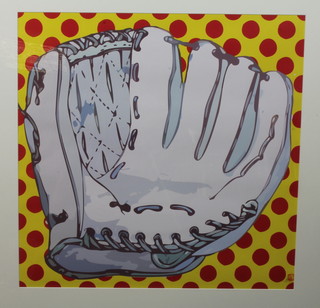 Hans Geiger, a limited edition lithographic print, study of a baseball mit on a red and yellow spotted ground, bears Geiger  ink stamp and monogrammed to bottom right hand corner 25.52h  x 25.5"w