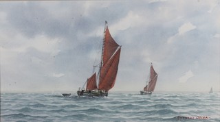 Anthony Osler, b.1938, 20th Century British School, watercolour  on paper, "Days of Sale, study of ketch rigged sailing barges at  sea, signed, 6.5"h x 6.12"w