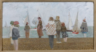 Richard Eurich, OBE, RA, British 1903 - 1992, oil on fibre  board, "Changing Breeze" a study of figures of a beach watching  sailing dinghies race, signed and dated '81, 6"h x 11.5"w   ILLUSTRATED