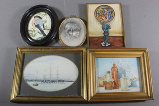 Dorothy Turton, RMS, miniature watercolour on parchment "The  Junior Critic" together with 4 other miniature pictures