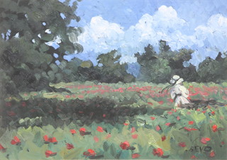 Sherree Valentine-Daines, British b. 1956, oil on board, an  impressionist landscape of a lady strolling through poppy fields,  monogrammed SEVD, 7.5"h x 10.5"w   ILLUSTRATED