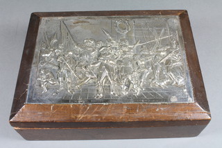 A rectangular cedar cigar box with silver plated lid decorated Charles II? and other figures, marked Excelsior 1927 7/10 1937,  7.5"