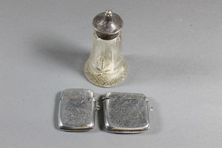 An Edwardian engraved silver vesta case with hinged lid,  Birmingham 1905, a silver vesta case - f and a faceted cut glass  pepper pot with silver lid