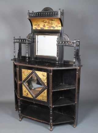 A late Victorian ebonised side cabinet in the aesthetic taste decorated with floral painted and gilded panels, fitted a lozenge  mirrored cupboard door and raised on turned supports 73"h x  49"w x 18"d
