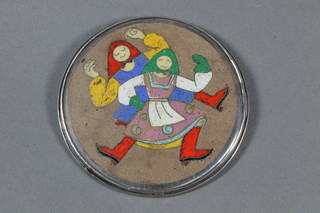 A Russian circular silver and enamelled button/pendant decorated dancing figures 3.5" diam.