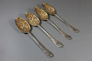 A set of 4 Georgian Old English pattern bottom marked table  spoons, later embossed, marks illegible, 8 ozs