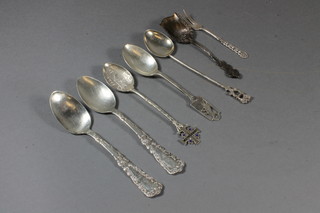 4 silver teaspoons, a silver caddy spoon and a silver fork, 3 ozs