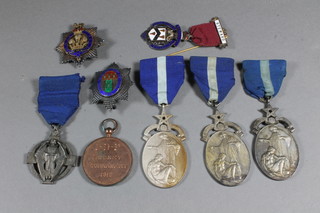 3 silver and enamel Masonic RNIB charity jewels 1919, 1921 and 1927, 3 silver Royal Masonic Hospital Life Governor's jewels, a silver hawstone jewel and a bronze medallion