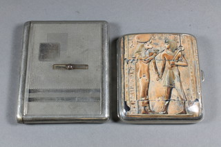 A white metal cigarette case, the lid enamelled a scene with  Egyptian figures 4" - enamel f, and a chrome cigarette case