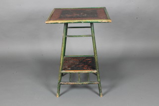A Liberty's square green "bamboo" lacquered 2 tier occasional  table decorated Japanese scenes 28"h x 20"w