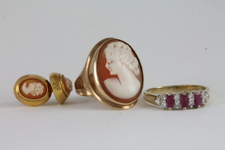 A 9ct gold dress ring set rubies and diamonds, a cameo dress ring  and a pair of cameo earrings