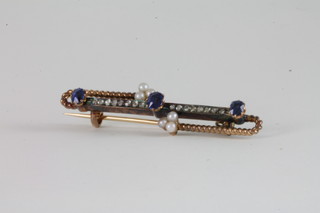 An Edwardian 14ct gold bar brooch set sapphires and rose cut  diamonds