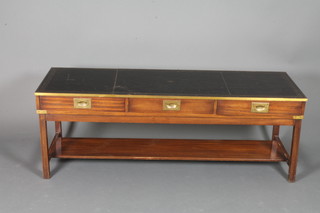 A rectangular mahogany and brass banded military style coffee table with inset green leather skiver, fitted 3 long drawers, 20"h  x 55"h x 18.5"d
