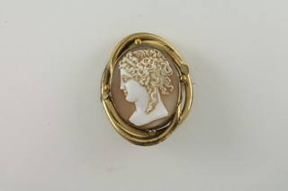 A Victorian shell carved cameo brooch contained in a rolled gold  mount