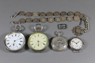 3 silver cased pocket watches, a silver cased wristwatch and a  silver buckle and Albert