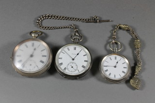 An open faced pocket watch in a silver case hung on a single Albert, an open faced fob watch hung on a silver Albert, 1 other  pocket watch