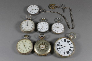 An Omega open faced keyless pocket watch contained in a case marked Omega, a silver cased pocket watch, an open faced  pocket watch by Dent in a silver case, 4 other pocket watches and  a Goliath pocket watch