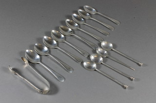 9 various silver Old English pattern coffee spoons, 4 seal end coffee spoons and a pair of silver tongs, 5 ozs