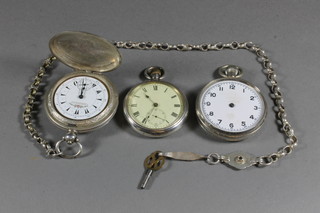 A Turkish pocket watch by H Serkisoff & Co Constantinople  having an enamelled dial and contained in case marked 800 hung  on a fancy link chain together with an open faced pocket watch  contained in a silver case and 1 other pocket watch