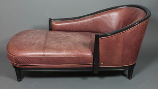 An Austrian ebonised show frame tub back day bed upholstered  in brown hide 31"h x 64"w x 30"d