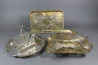 A rectangular cut glass and silver plated sardine dish, 3 silver plated decanter labels, a dressing table tray, 1 other tray etc