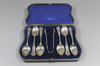A set of 6 Edwardian silver coffee spoons Birmingham 1905 complete with tongs, 10 ozs, cased